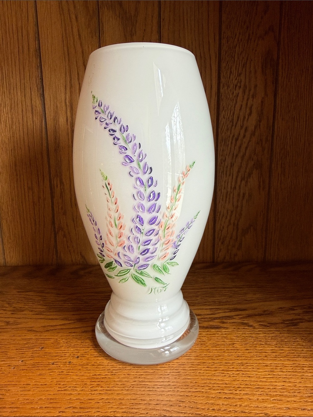 Hand-Painted White Glass Vase with Purple Floral Accents